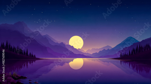 Moon rising above violet ridges in a quiet night. Night landscape moon.