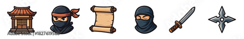Set of ninja themed cartoon icons including a dojo, warrior masks, a scroll, a sword, and a shuriken weapon, illustrated in a bold vector style and isolated on a white background