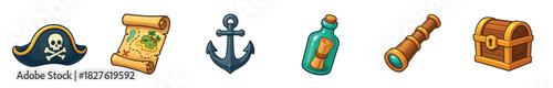 Set of colorful cartoon pirate game icons including a hat, treasure map, anchor, message in a bottle, spyglass, and chest, presented as a vector illustration isolated on white