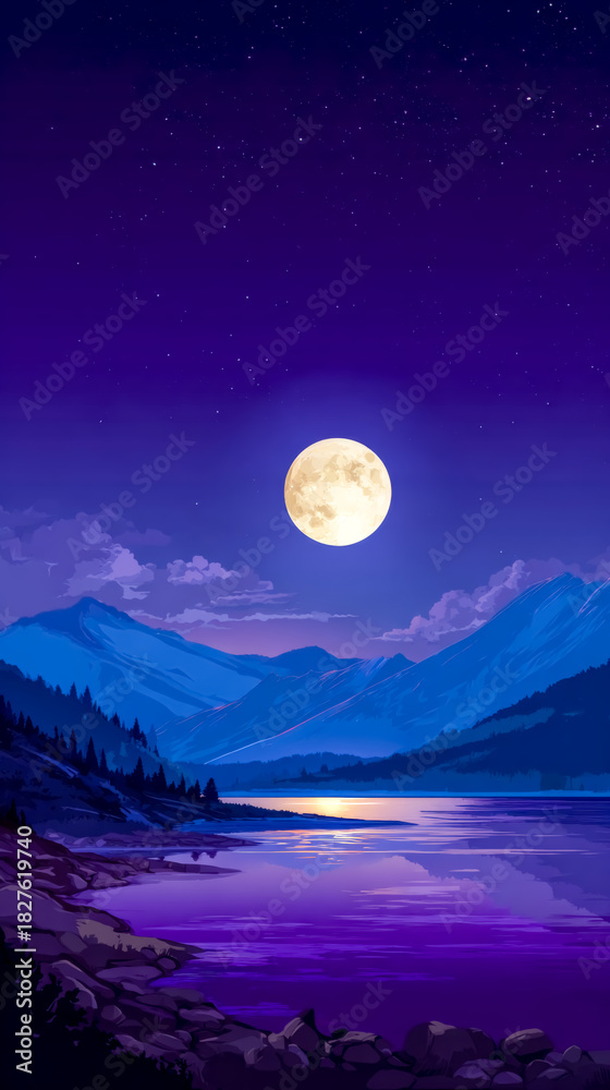 Fototapeta premium Full moon under starry sky above tranquil mountain lake. Moonlit night lake.