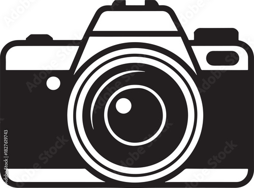 Black silhouette icon of a vintage camera with a prominent lens photo photography