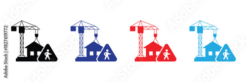Construction site icons with crane, house, and worker warning symbol in black, blue, red, and cyan on white