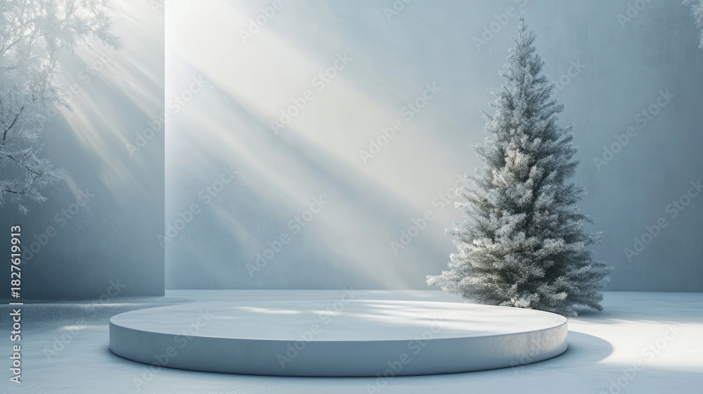 Fototapeta premium Christmas tree with white snowdrift,snowflakes,snow land,podium with bauble,Christmas theme stage podium mock up for product placement,Happy New Year. Celebrate party,Xmas Poster,web banner,festive.