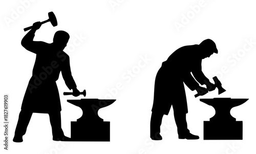 Blacksmith Silhouettes Forging Hot Metal on Anvil with Sledgehammer in a Traditional Workshop, Historical Craftsmanship and Industrial Worker Vector Illustration