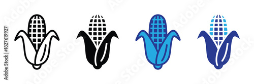 Set of stylized corn cob icons in outline, solid black, and two shades of blue on a white background.
