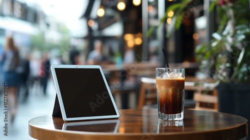 Modern cafe scene with tablet, iced coffee drink, and outdoor atmosphere of urban relaxation and social engagement