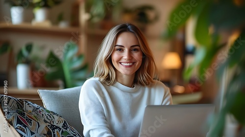 Smiling woman working on laptop in cozy indoor environment surrounded by plants and natural light