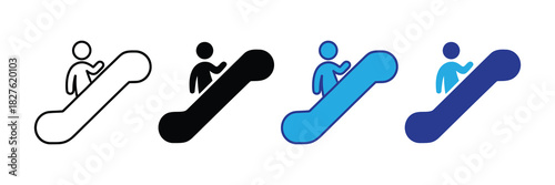 Set of four minimalist icons depicting people riding escalators, symbolizing movement, transportation, and accessibility in urban environments.