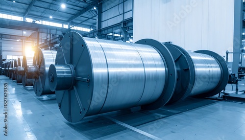 Large factory interior featuring massive metal spools and industrial lighting