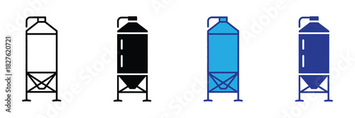 Four stylized silo icons showing different fill levels and color variations: outline, solid black, blue outline, and solid dark blue for industrial use