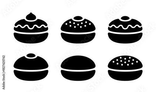 Sufganiya doughnut icon, black silhouette isolated on white. Traditional Hanukkah jelly donut Sufganiyah, stencil style. Vector clipart or png for minimalist Hanukkah design and print.