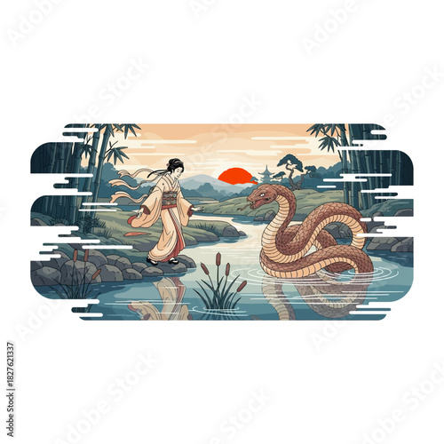 Pixel art of a woman in kimono meeting a giant snake at sunset