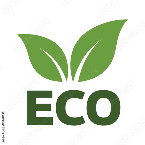 Green eco symbol with two leaves and eco text, representing environmental sustainability, isolated on