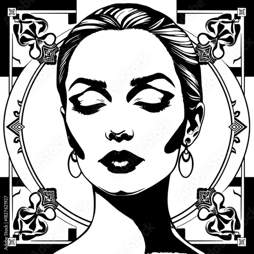 An art-deco-inspired monochrome portrait of a woman in her early thirties, with defined eyebrows and expressive eyes, rendered using sharp lines and deep shadows, her facial features accentuated by su