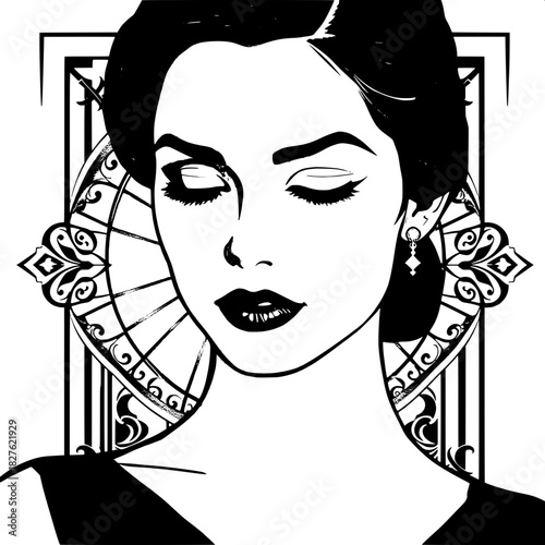 An art-deco-inspired monochrome portrait of a woman in her early thirties, with defined eyebrows and expressive eyes, rendered using sharp lines and deep shadows, her facial features accentuated by su