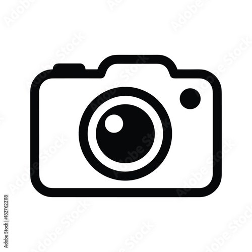 Simple black and white camera icon for photography and digital media isolated on