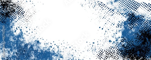 Abstract blue splatter design with dotted patterns on a white background. Grunge banner background template