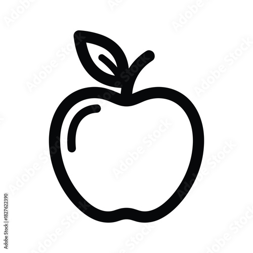 Black outline drawing of an apple with a leaf, a simple icon of healthy fruit, isolated on white