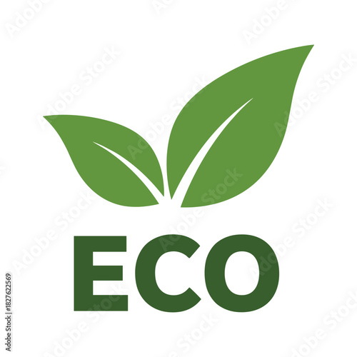 Green eco logo with two leaves and eco text, symbolizing environment, isolated on