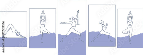Woman practicing yoga poses in a minimalist line art style on gradient panels