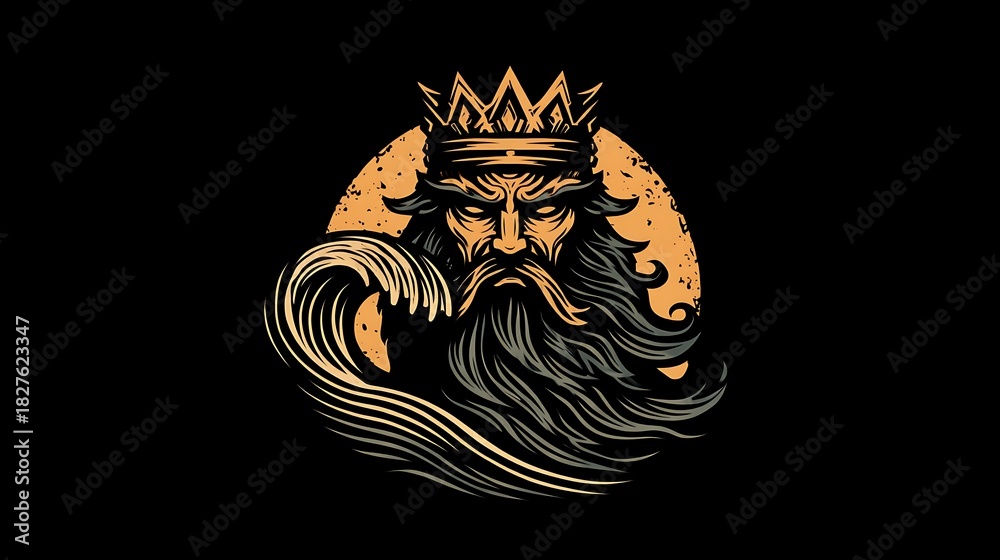 Obraz premium Fierce Sea King with Crown and Wave in Vintage Style mythology beard Photo
