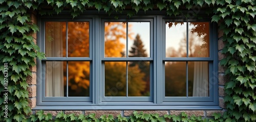 Modern sash window frames a brick wall draped in ivy. Reflected trees show autumn colors through glass panes. Daylight filters through sheer curtains indoors.