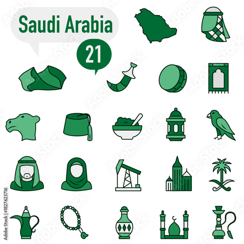 National icons with outlines Saudi Arabia about culture, architecture, and traditions.