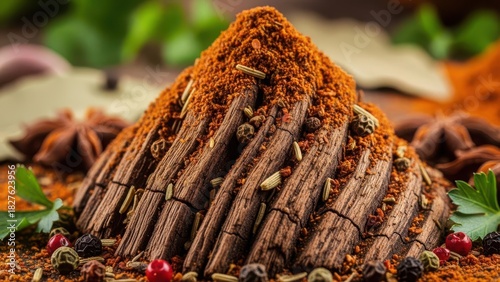 Fototapeta Naklejka Na Ścianę i Meble -  A conical mound of rich red paprika spice surrounded by star anise and other aromatic herbs and spices