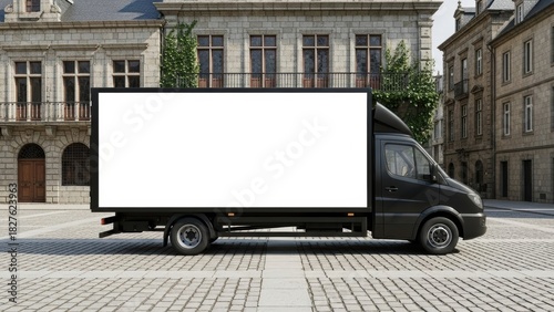 Black delivery van with blank billboard on a cobblestone street.