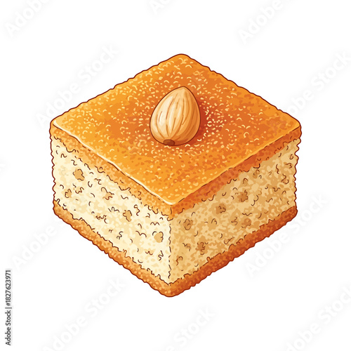 Illustration of a single piece of traditional baklava pastry with almond