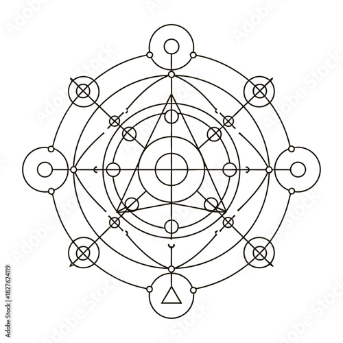 Esoteric geometric symbol design with circles and triangles on black