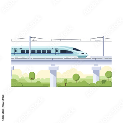 Modern highspeed bullet train traveling on elevated railway track