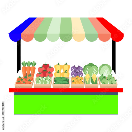 Colorful vegetable stall with fresh produce under a striped awning
