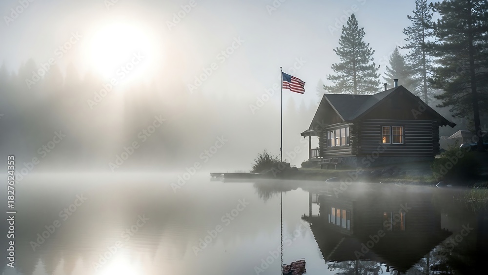 Obraz premium Misty Morning at the Lake - Cabin, Flag, and Reflections.
