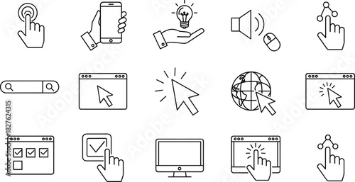 Digital interface icons, cursor click, search bar, network nodes, touch gestures, web browser UI, technology concept, cad drawing flat vector illustration