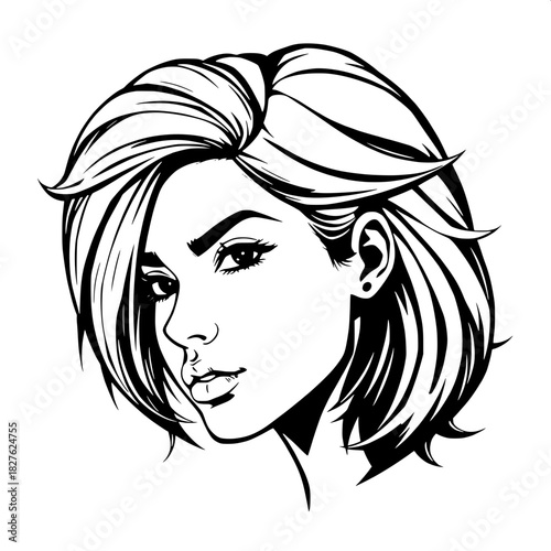 “A high-contrast black-and-white graphic illustration of a young woman with voluminous side-parted hair, captured in a dramatic three-quarter angle, her strong features emphasized with bold, simplifie
