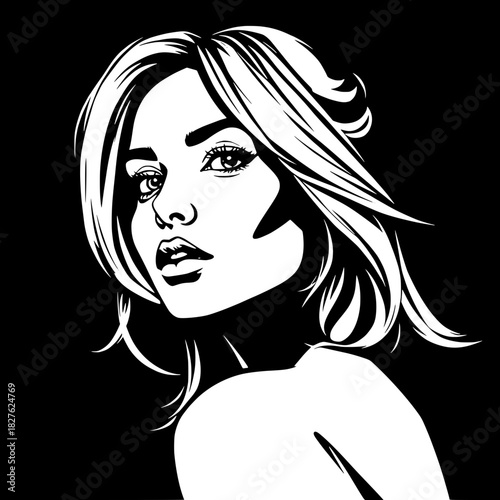 “A high-contrast black-and-white graphic illustration of a young woman with voluminous side-parted hair, captured in a dramatic three-quarter angle, her strong features emphasized with bold, simplifie