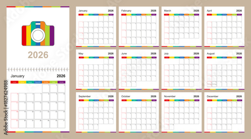 Colorful wall calendar for 2026 on beige background, week starts on Sunday.