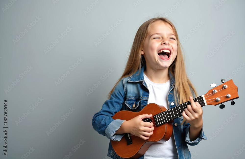 Fototapeta premium Happy girl plays ukulele and sings a song. Cute kid with blond hair learns music. Female child enjoys musical instrument. Young artist poses with guitar on gray background laughs loud.
