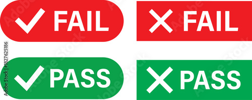 Prpass fail icon set, Passed and Failed Status Buttons, Green check mark and red cross icons symbol, Approve and reject web interface element vector illustration,
int