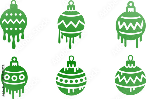 Green dripping Christmas ornament vector set featuring decorative baubles, ornament icons, festive shapes, seasonal elements, stylish vector design
