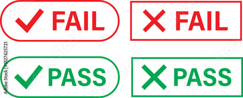 Prpass fail icon set, Passed and Failed Status Buttons, Green check mark and red cross icons symbol, Approve and reject web interface element vector illustration,
int