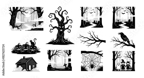 Halloween Silhouettes Collection Spooky Night Scenes and Icons.