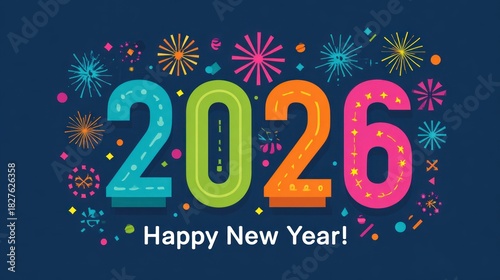Happy New Year 2026 Celebration with Colorful Fireworks.