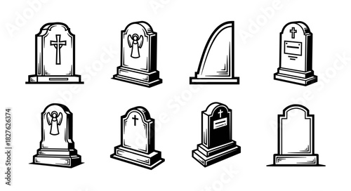Collection of Hand Drawn Gravestone Icons and Symbols.