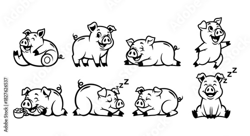 Collection of Cute Cartoon Pigs in Various Poses and Activities.
