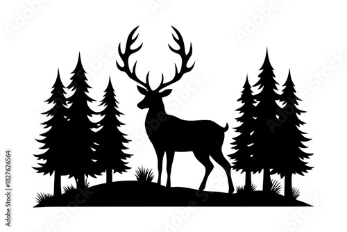 Deer with pine trees and forest scenery black silhouette vector, Deer black symbol
