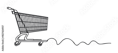 Outline of a shopping cart with a wavy line trailing behind it suggesting movement and shopping, perfect for retail and ecommerce themes.