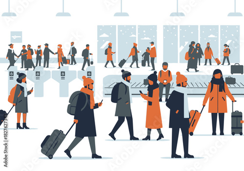 Diverse Crowd of Travelers at Airport Terminal with Luggage and Winter Attire.