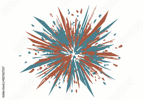 Abstract Explosion of Teal and Brown Geometric Shapes on White.